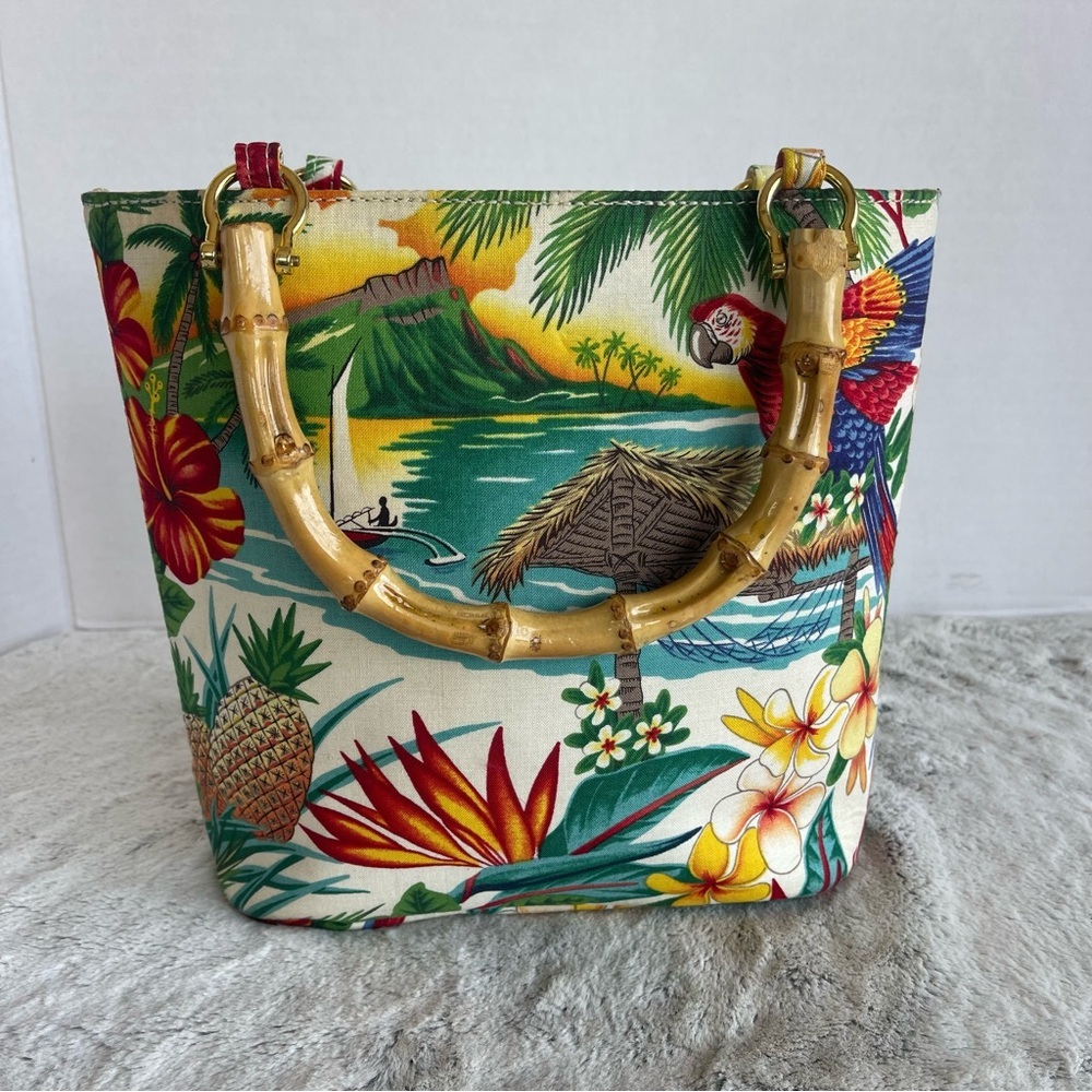 Vintage Tidy Tropical Print Tote Bag with Bamboo Handles Made In The USA - Picture 6 of 16